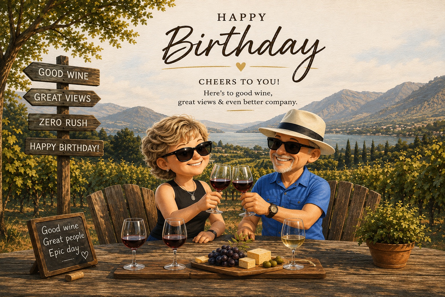 Birthday vineyard wine tasting illustration for Tom